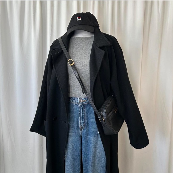 Vintage 80s Central Park double-breasted Wool black full-length overcoat size 14 - Picture 5 of 8